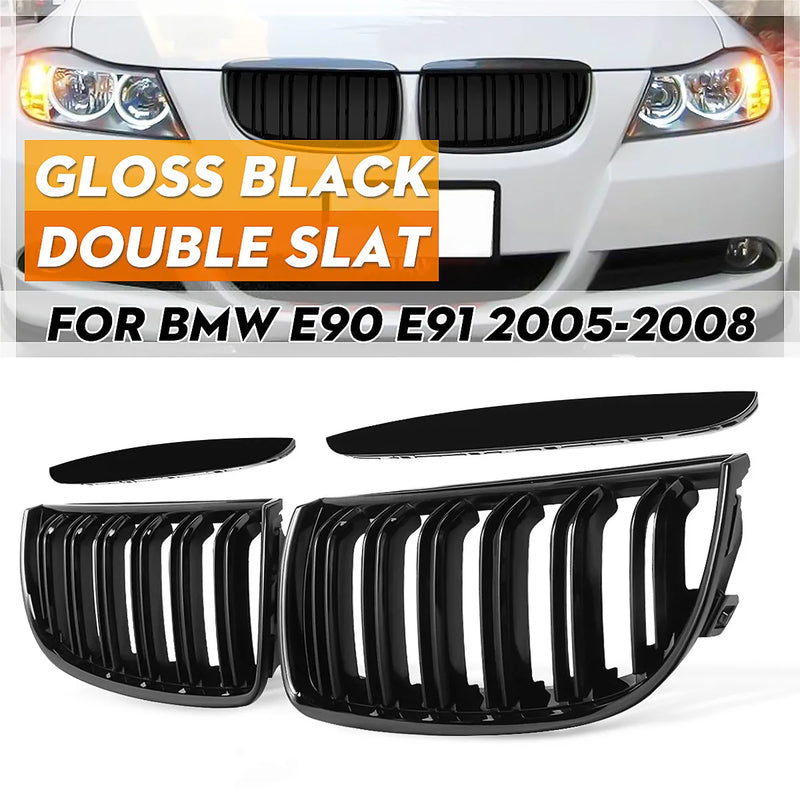 Gloss black double-slat kidney grille for BMW E90 and E91 pre-LCI