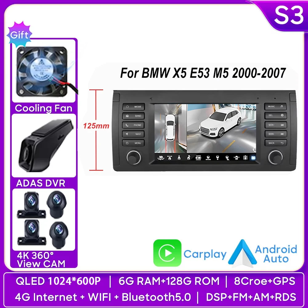 7 inch Android Auto car Radio GPS Navigation For BMW 5 Series E39 X5 E53 M5 1996-2003 Multimedia Player Video 4G WIFI 2din DVD