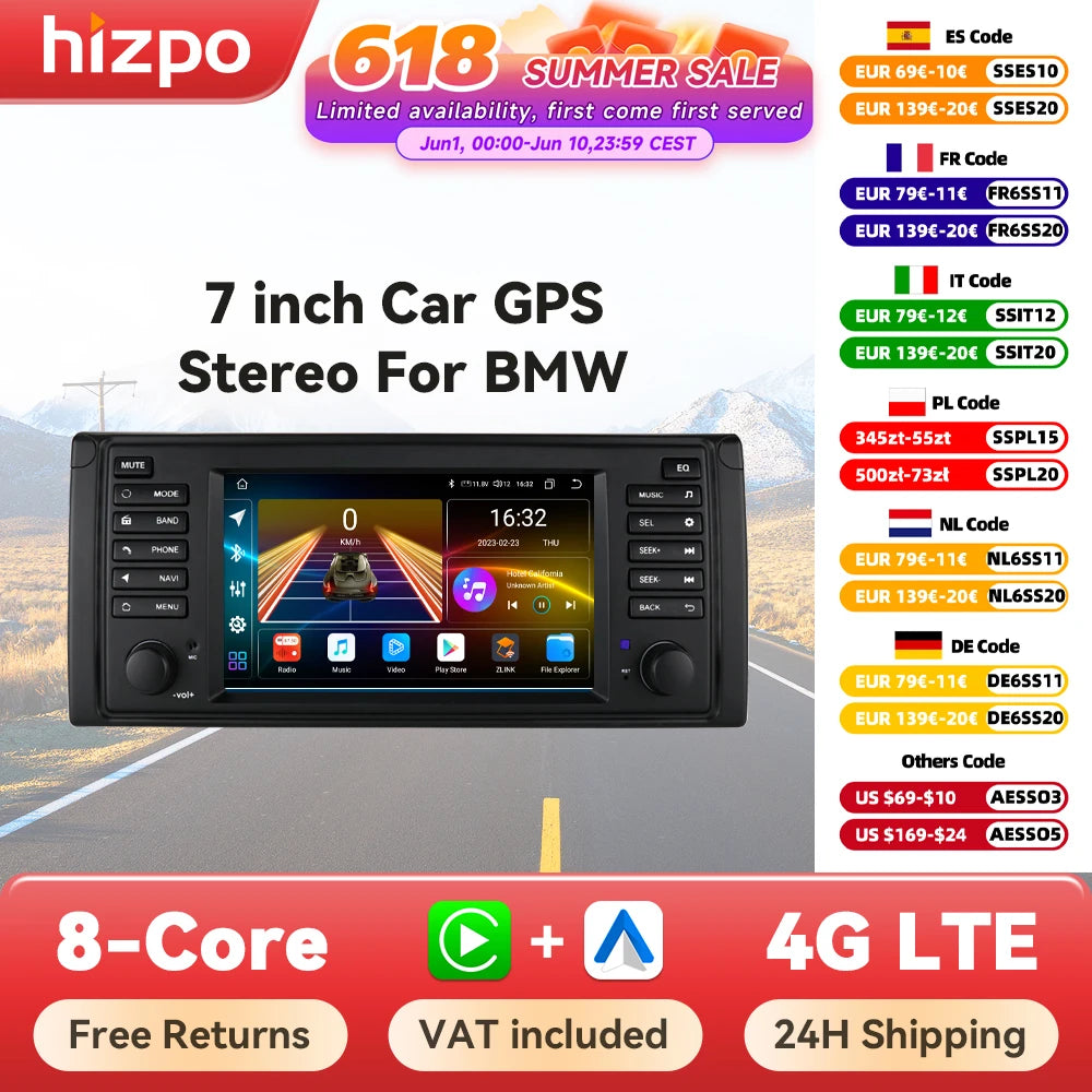 Hizpo Car Intelligent Systems for BMW 5 Series E39 X5 E53 M5 1996-2003 Multimedia 2din Autoradio Android 13 Auto Carplay 7862 4G