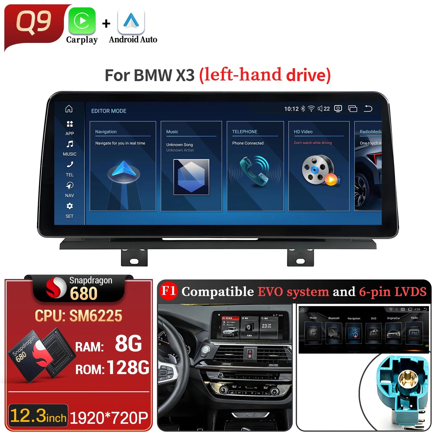 12.3 inch Android 13 For BMW X3 G01 X4 G02 2018-2022 Car Radio 4G GPS Wireless Bluetooth Carplay Snapdragon 680 Head Unit Screen