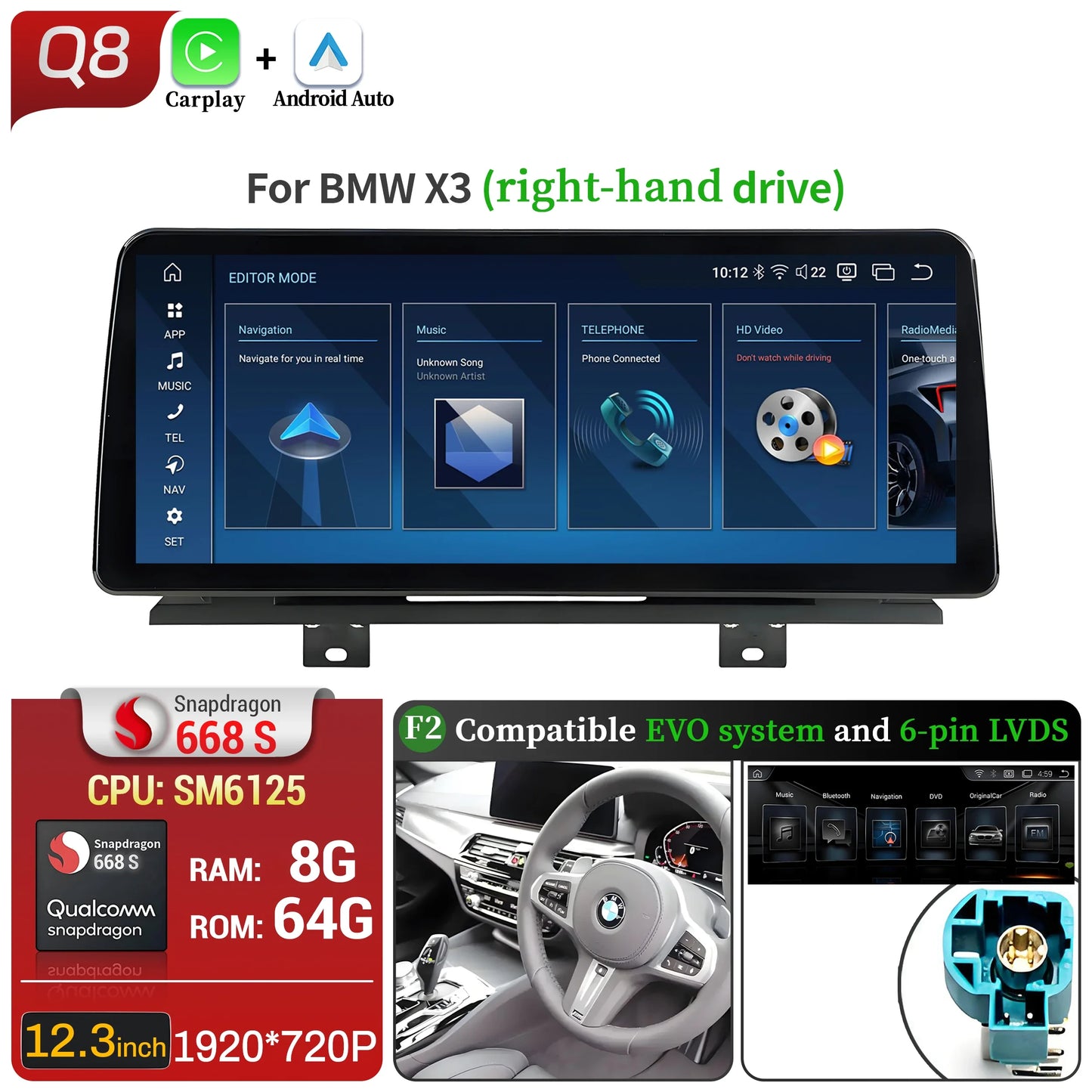 12.3 inch Android 13 For BMW X3 G01 X4 G02 2018-2022 Car Radio 4G GPS Wireless Bluetooth Carplay Snapdragon 680 Head Unit Screen