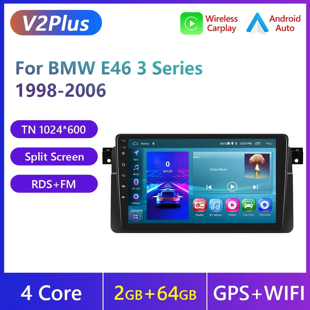Podofo Wireless Carplay Android Auto Car Radio For BMW E46 1999-2005 Car Intelligent Systems 2din Car Multimedia Player