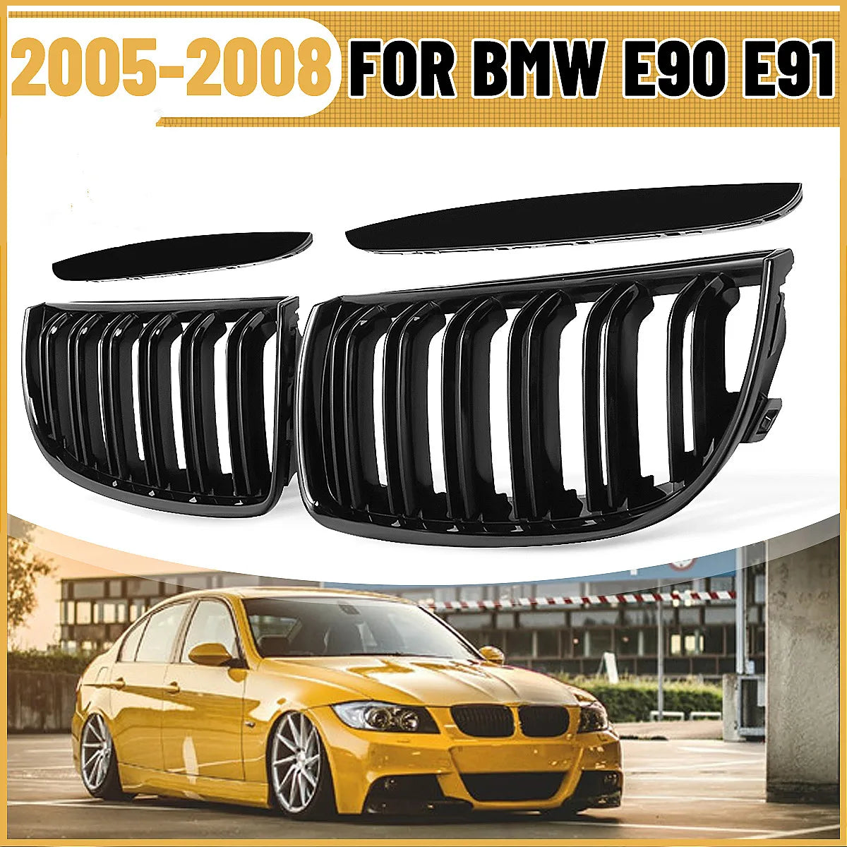 Car Grille Grill Front Kidney Gloss Black Double Slat Hood Grille For BMW E90 E91 Pre-Facelift 2005 2006 2007 2008 Racing Grills