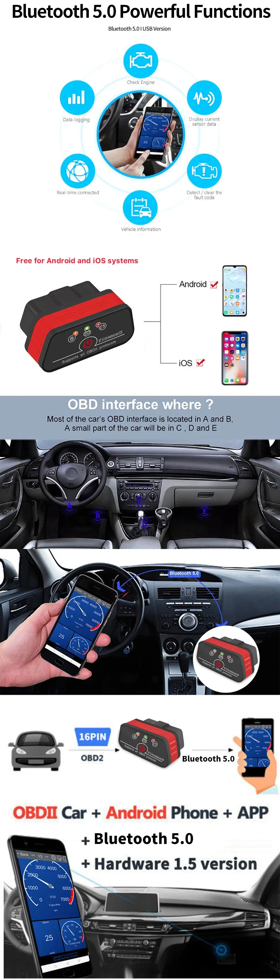 2026 New KONNWEI KW901 ELM327 V1.5 Bluetooth5.0 Car Auto OBD2 Scanner Android/IOS Car Diagnostic Tool Code Reader pk Vgate ICAR2