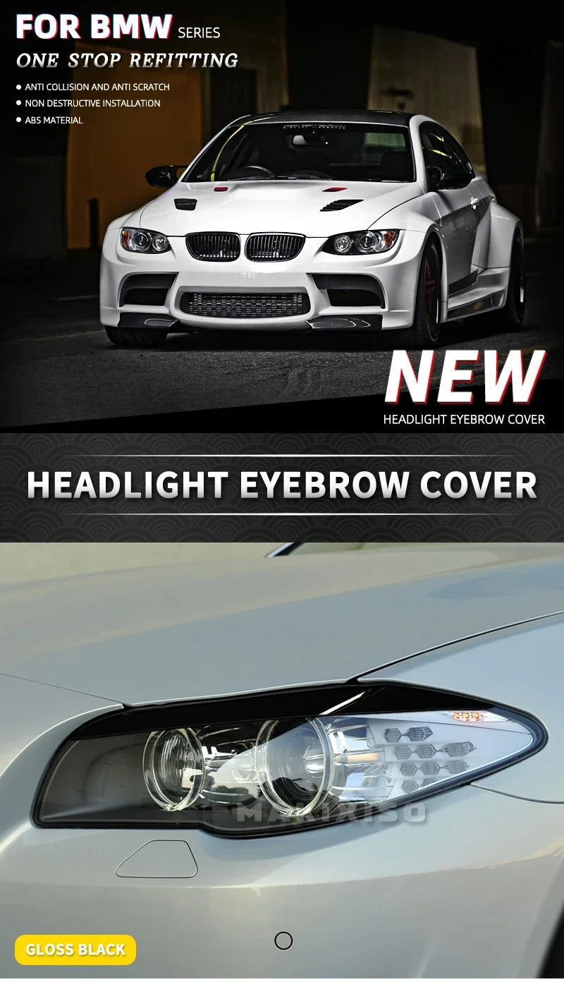 2Pcs Car Front Headlight Eyelids Eyebrow Cover Trim For BMW 5 Series F10 F11 2011 2012 2013 2014 Glossy Black/Carbon Fiber