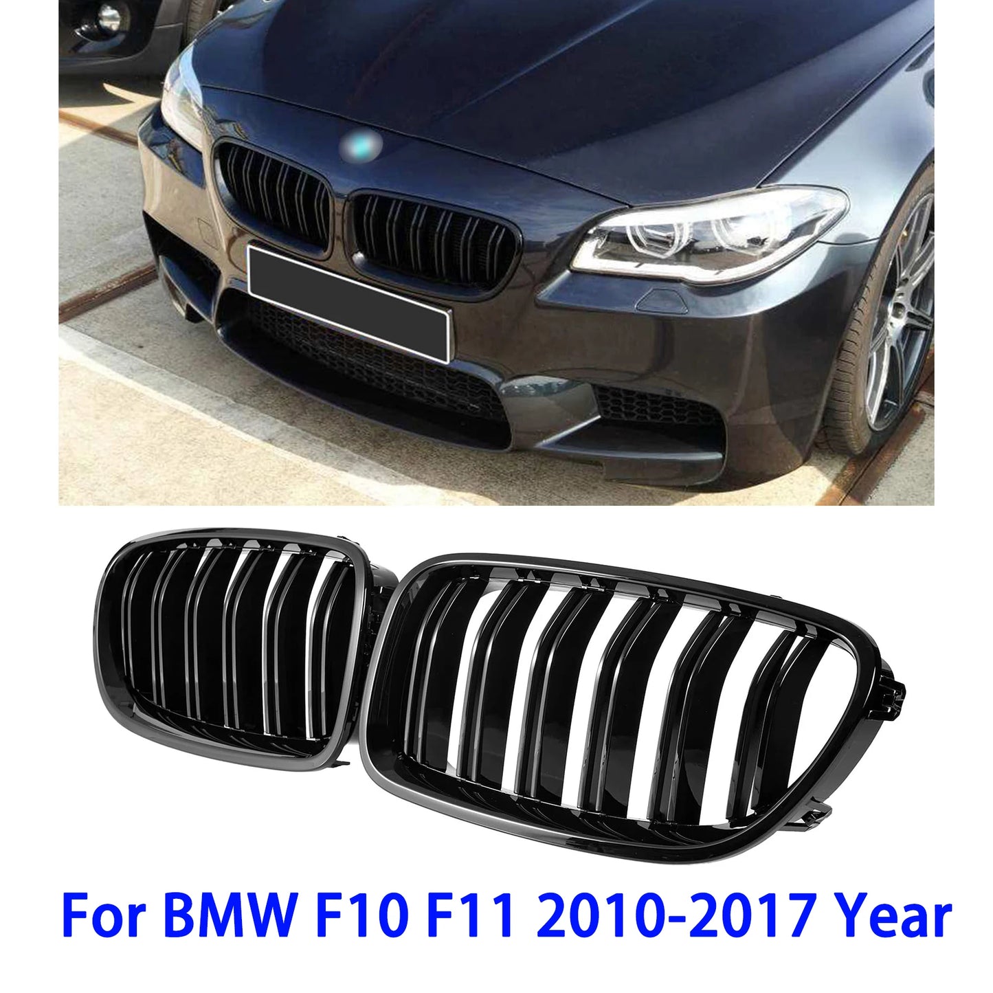 F10 Glossy Black Front Kidney Double Slat Grill Grille For BMW 5 Series F10 F11 F18 2010-2017 Dual Line Racing Grills