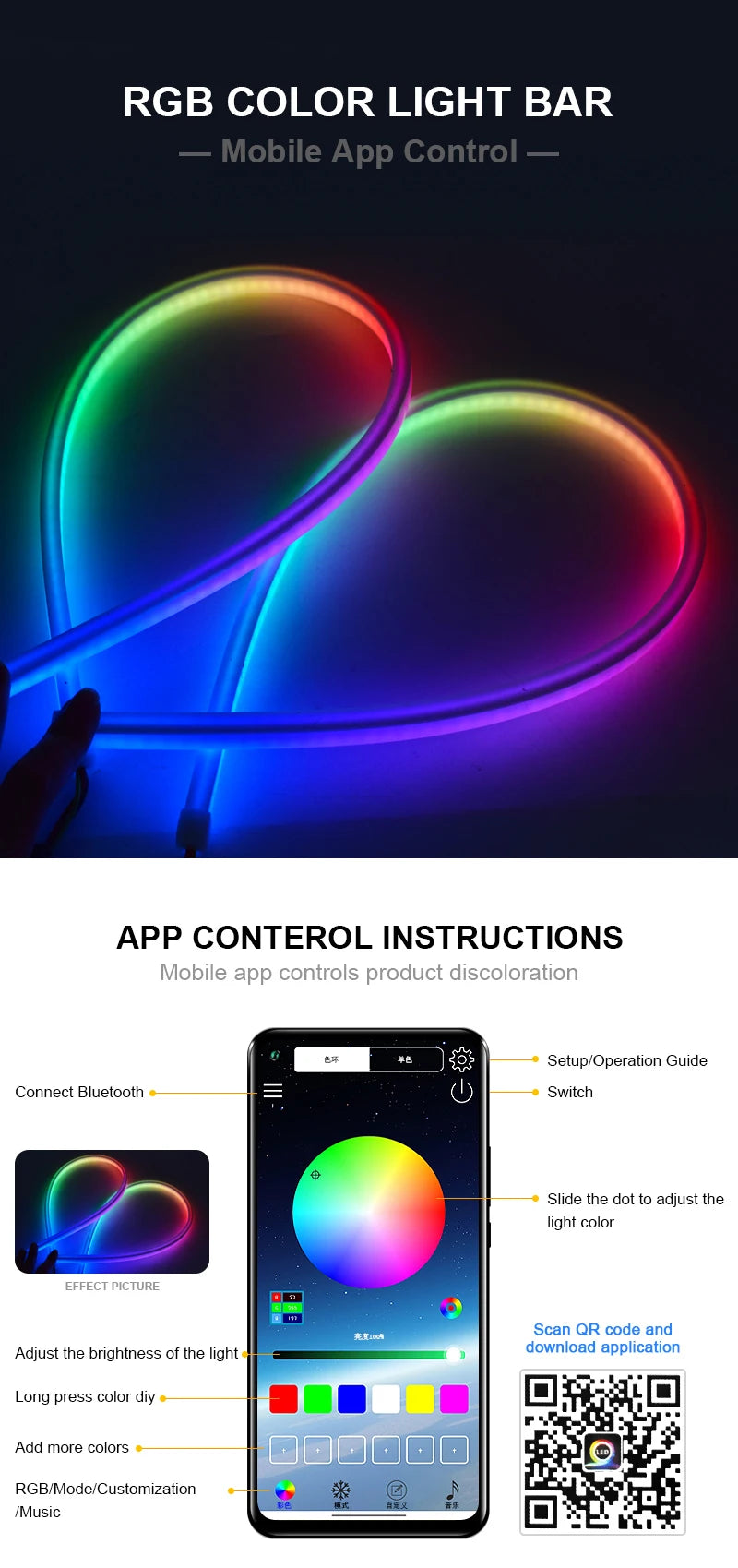2PCS RGB Car LED Daytime Running Lights APP/Remote Control Flexible Auto Headlight Strips DRL Flowing Turn Signal Lamps 60cm 12V