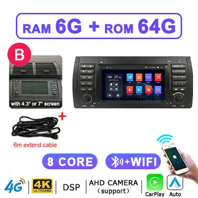 Carplay Android 15 Auto Car Radio Multimedia 7'' Screen For BMW 5 Series E39 X5 E53 M5 1995-2007 2 din autoradio Stereo 4G LTE