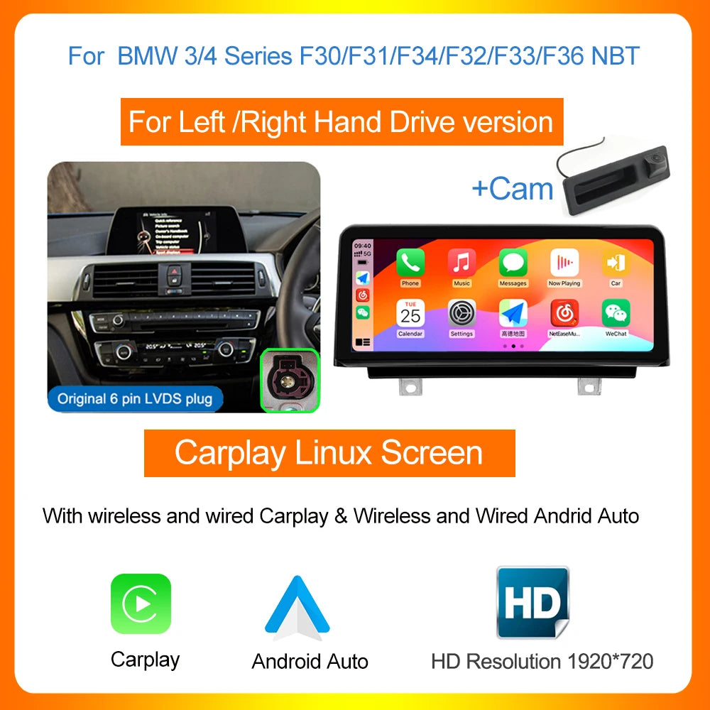 AUTOTOP 10.25" Linux Screen Wireless Carplay for BMW F30 F31 F32 F33 F34 F35 F20 F21 F22 NBT Retrofit Android Auto Multimedia BT