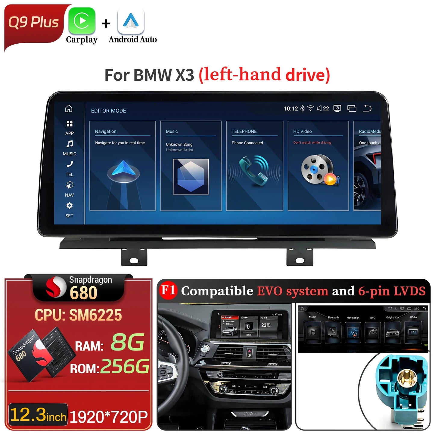 12.3 inch Android 13 For BMW X3 G01 X4 G02 2018-2022 Car Radio 4G GPS Wireless Bluetooth Carplay Snapdragon 680 Head Unit Screen