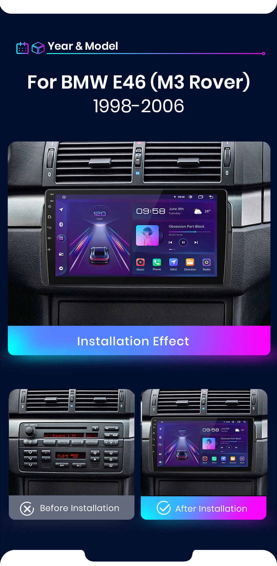 Junsun Wireless CarPlay Android Auto Car Radio For BMW M3 E46 1998-2006 GPS Multimedia 2 din Intelligent Systems Stereo