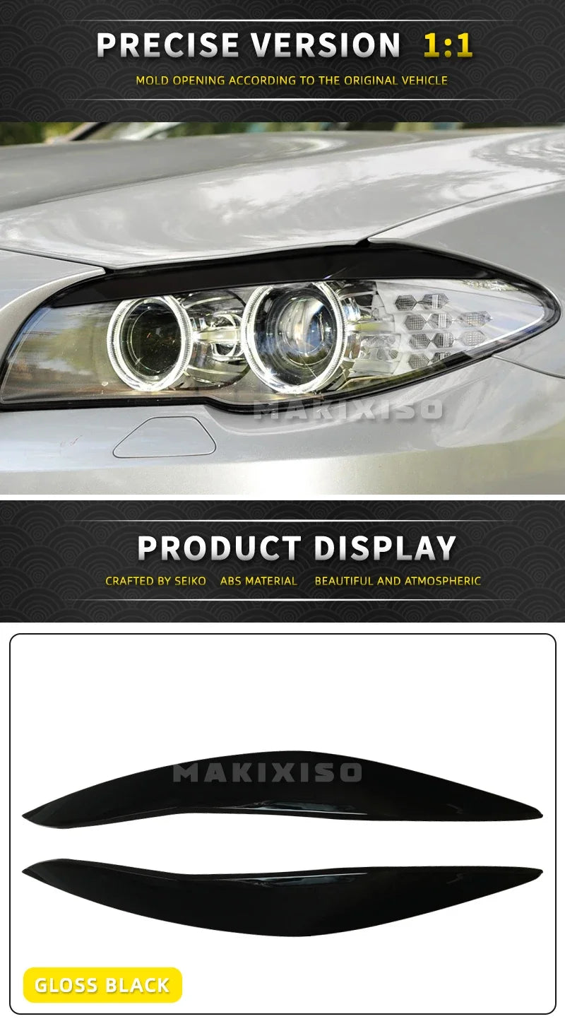 2Pcs Car Front Headlight Eyelids Eyebrow Cover Trim For BMW 5 Series F10 F11 2011 2012 2013 2014 Glossy Black/Carbon Fiber