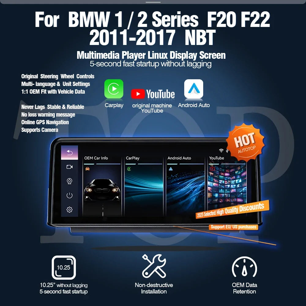 AUTOTOP 10.25" Linux Screen Wireless Carplay for BMW F30 F31 F32 F33 F34 F35 F20 F21 F22 NBT Retrofit Android Auto Multimedia BT