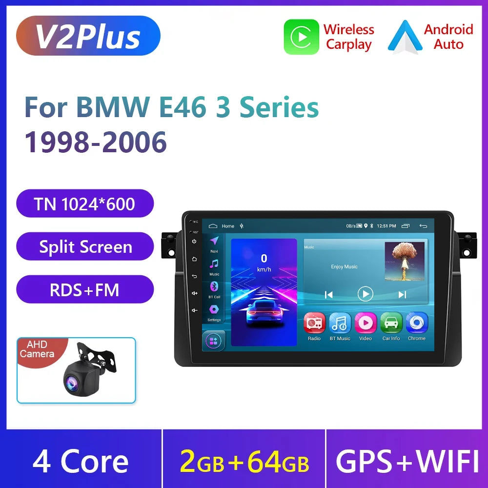 Podofo Wireless Carplay Android Auto Car Radio For BMW E46 1999-2005 Car Intelligent Systems 2din Car Multimedia Player