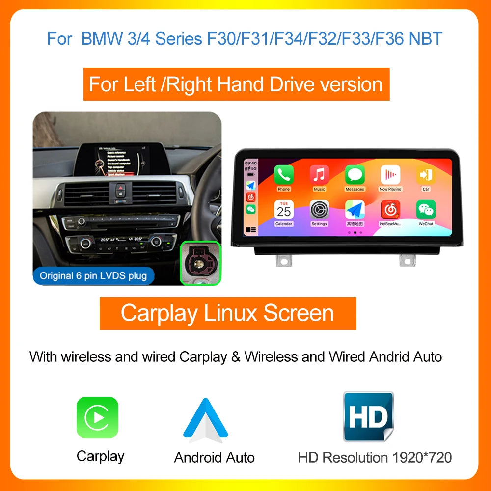 AUTOTOP 10.25" Linux Screen Wireless Carplay for BMW F30 F31 F32 F33 F34 F35 F20 F21 F22 NBT Retrofit Android Auto Multimedia BT