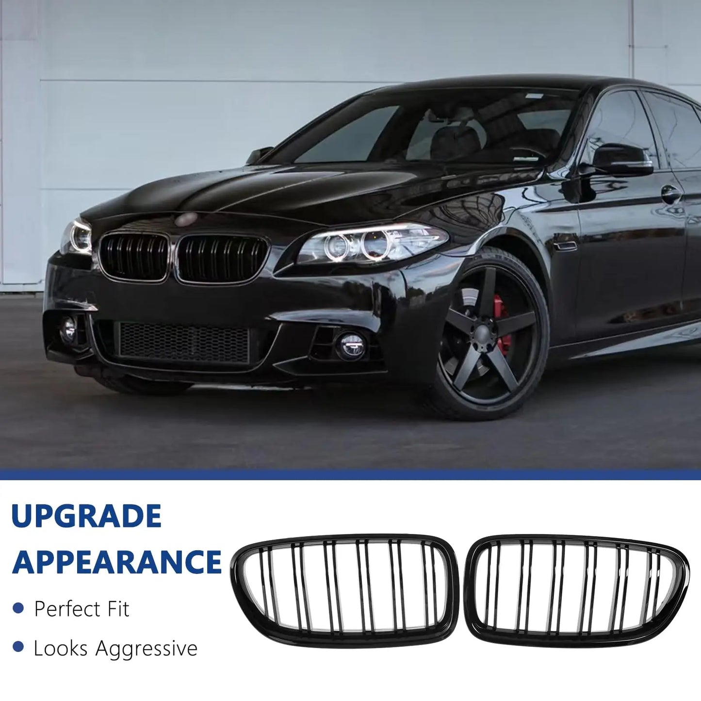 F10 Glossy Black Front Kidney Double Slat Grill Grille For BMW 5 Series F10 F11 F18 2010-2017 Dual Line Racing Grills
