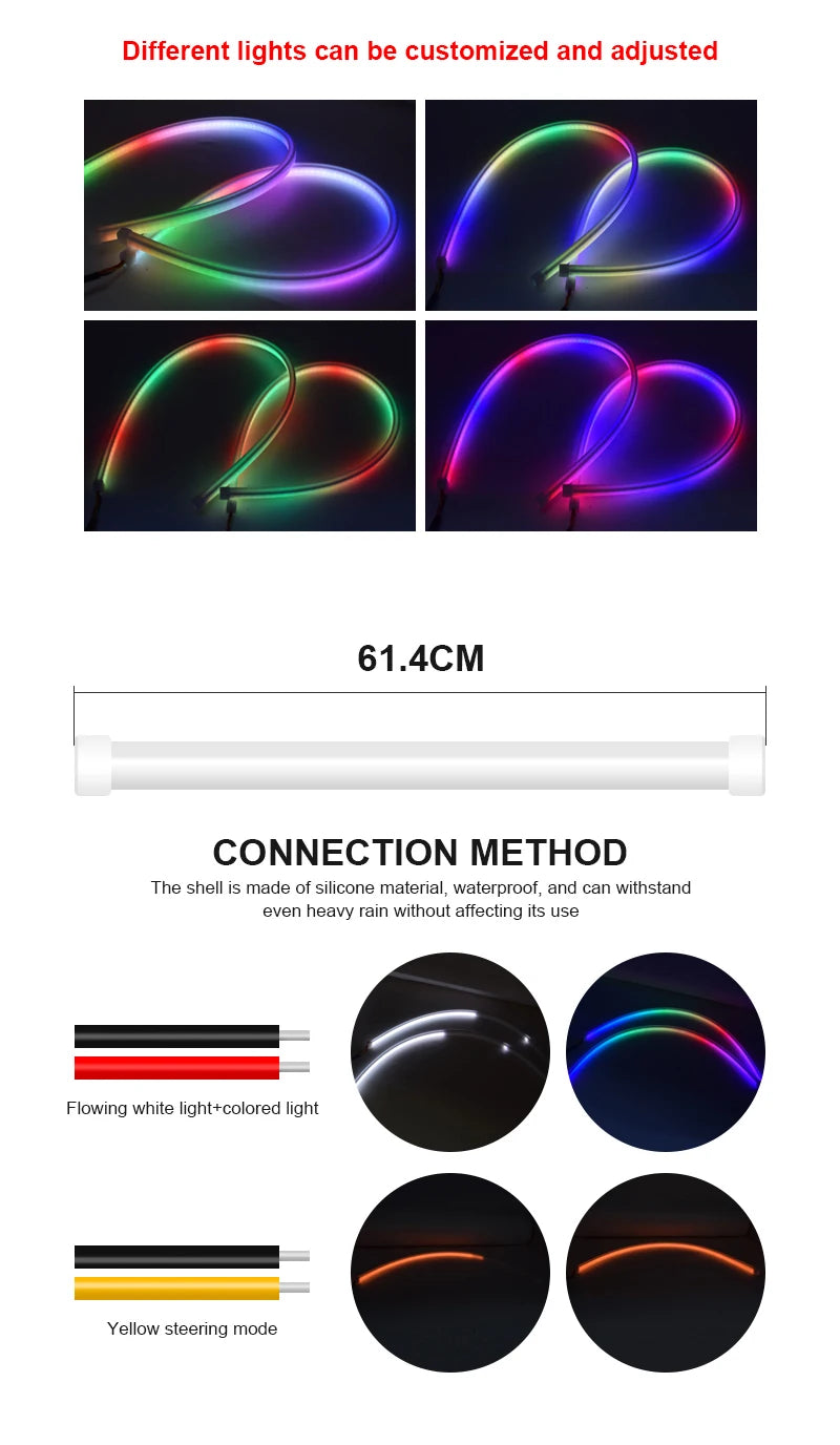 2PCS RGB Car LED Daytime Running Lights APP/Remote Control Flexible Auto Headlight Strips DRL Flowing Turn Signal Lamps 60cm 12V