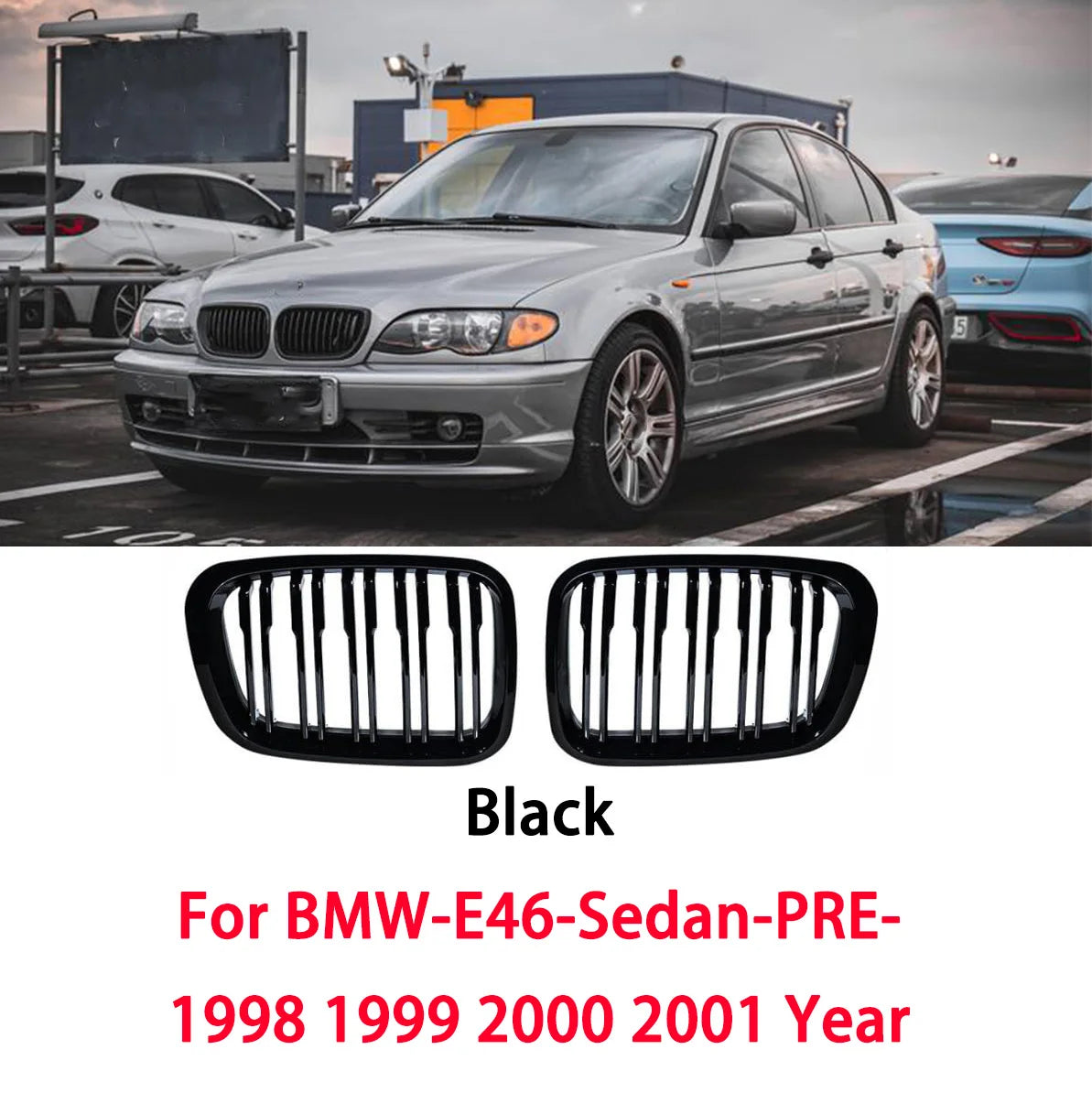 E46 Grille Front Kidney Grill For BMW 3 Series 2002-2005 E46 4-Door 320i 325i 325xi 330i 330xi Double Slats Black Grill