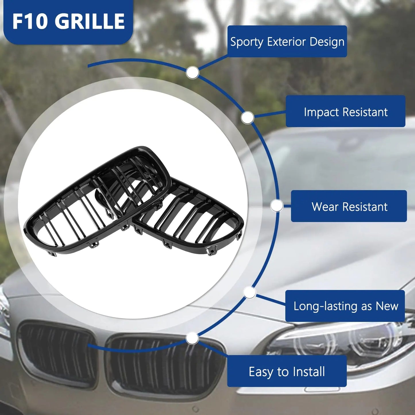 F10 Glossy Black Front Kidney Double Slat Grill Grille For BMW 5 Series F10 F11 F18 2010-2017 Dual Line Racing Grills