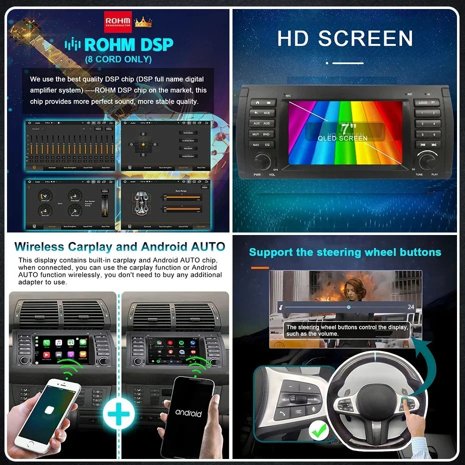 Carplay Android 15 Auto Car Radio Multimedia 7'' Screen For BMW 5 Series E39 X5 E53 M5 1995-2007 2 din autoradio Stereo 4G LTE