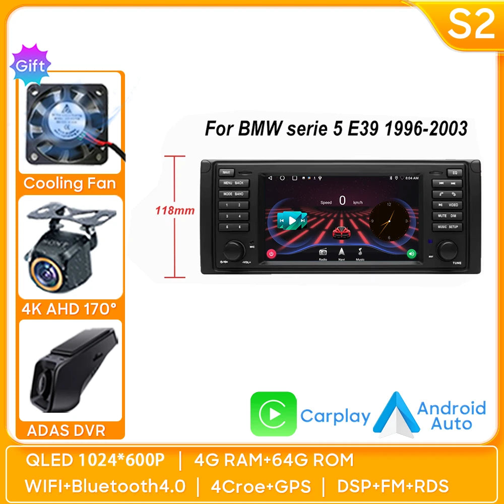 7 inch Android Auto car Radio GPS Navigation For BMW 5 Series E39 X5 E53 M5 1996-2003 Multimedia Player Video 4G WIFI 2din DVD