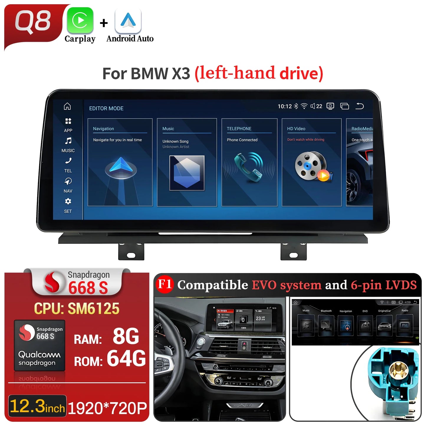12.3 inch Android 13 For BMW X3 G01 X4 G02 2018-2022 Car Radio 4G GPS Wireless Bluetooth Carplay Snapdragon 680 Head Unit Screen