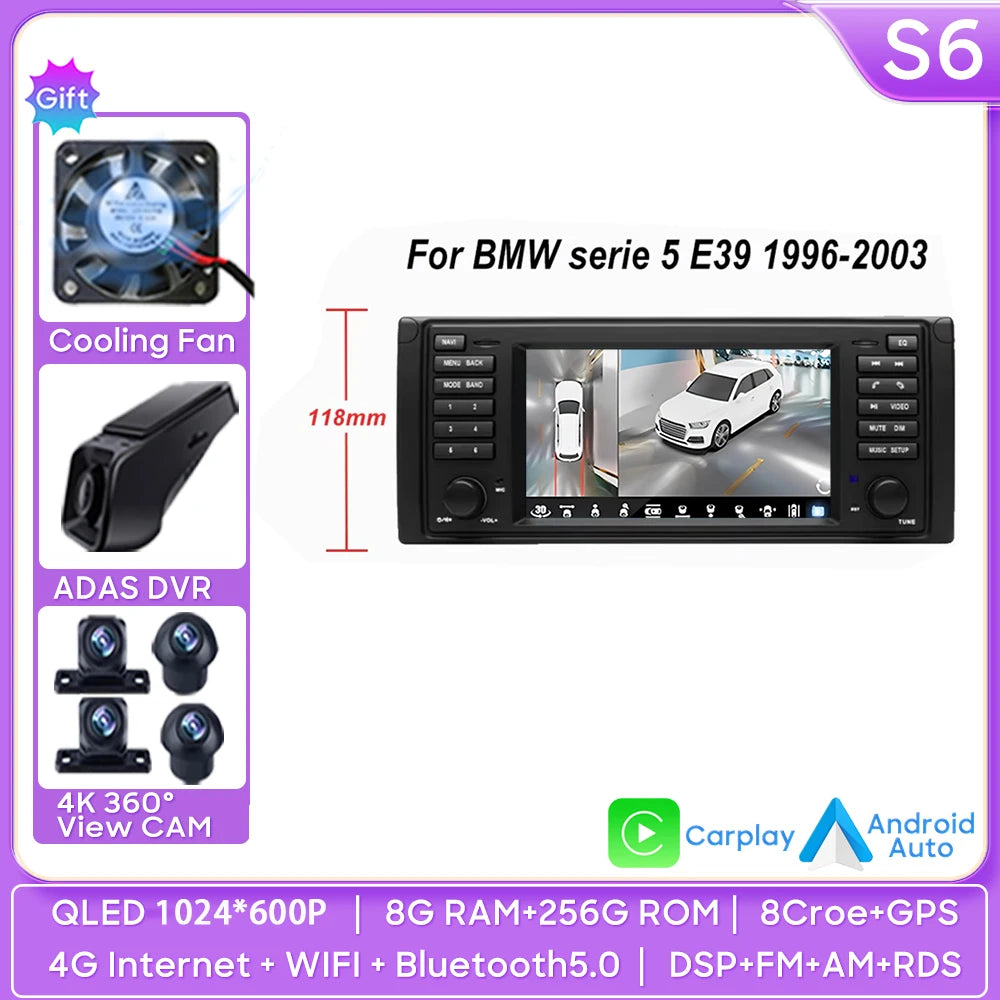7 inch Android Auto car Radio GPS Navigation For BMW 5 Series E39 X5 E53 M5 1996-2003 Multimedia Player Video 4G WIFI 2din DVD