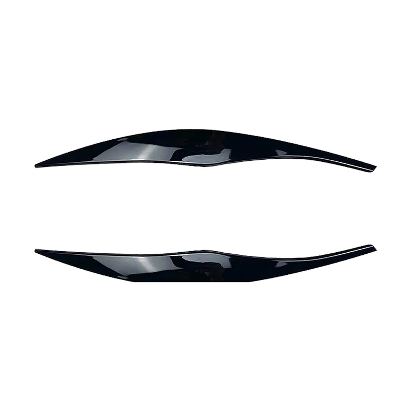 Gloss black headlight eyebrow trim pair for BMW E90 / E91, front view