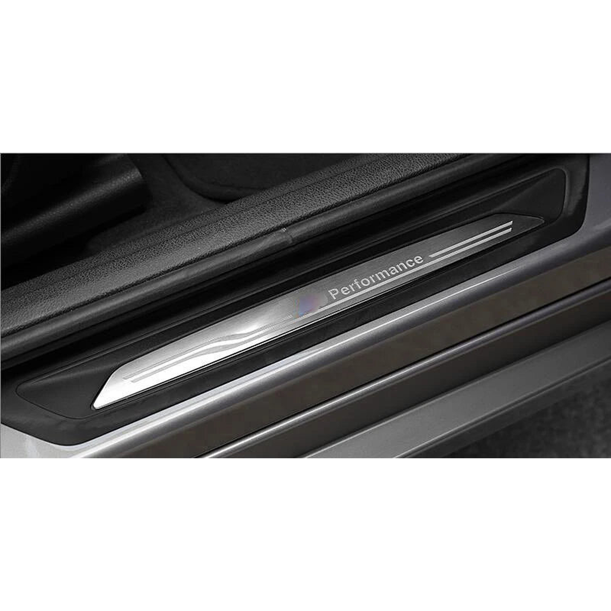 Brushed steel door sill scuff plate close up installed for BMW 4 Series F36 2013 to 2018