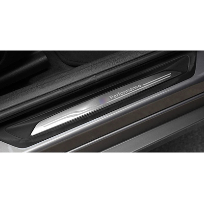 Stainless steel front door sill scuff plate installed view for BMW 1 Series F20 2012 to 2018