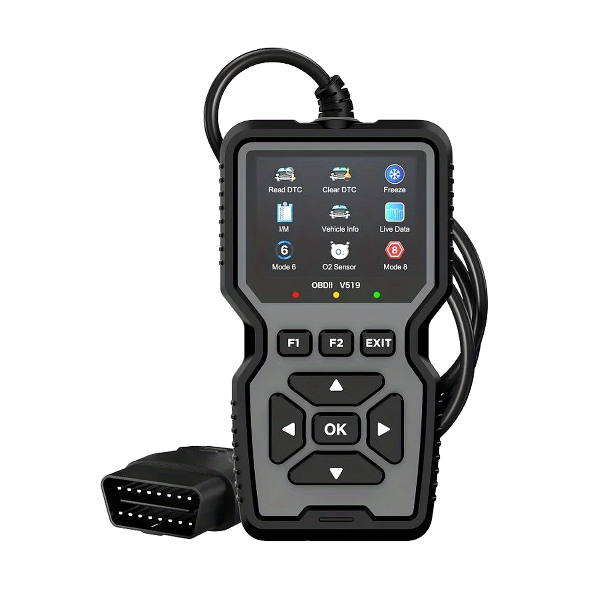 Gray OBD2 engine code reader with color screen, front view, universal fit for BMW