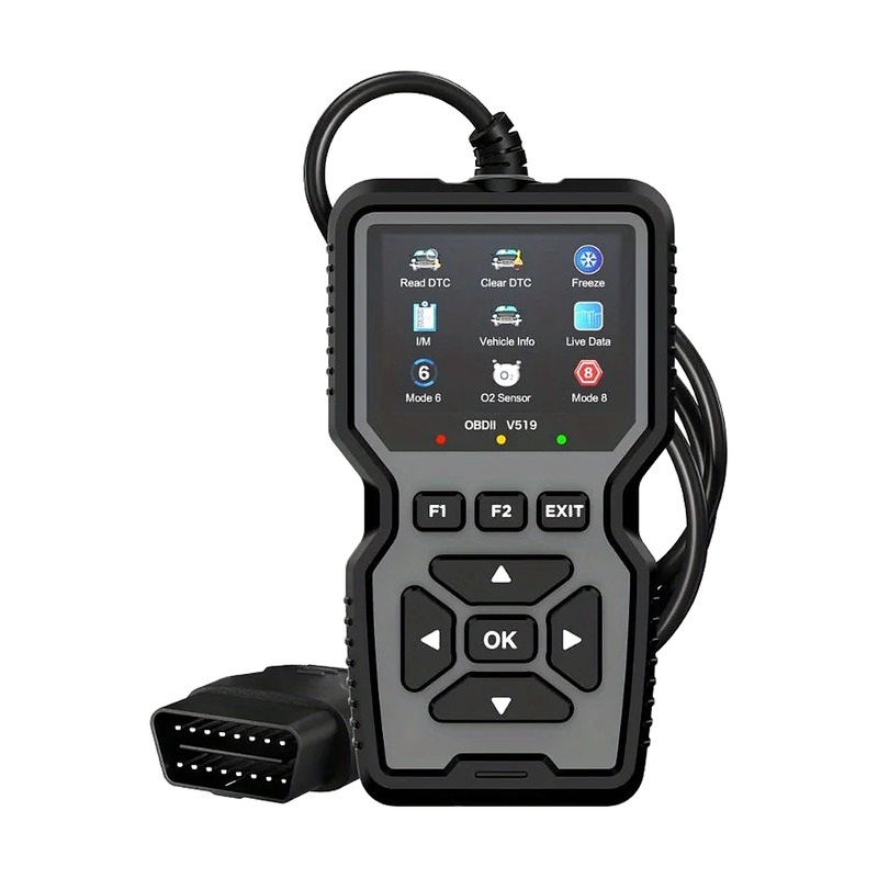 Gray OBD2 engine code reader with color screen, front view, universal fit for BMW