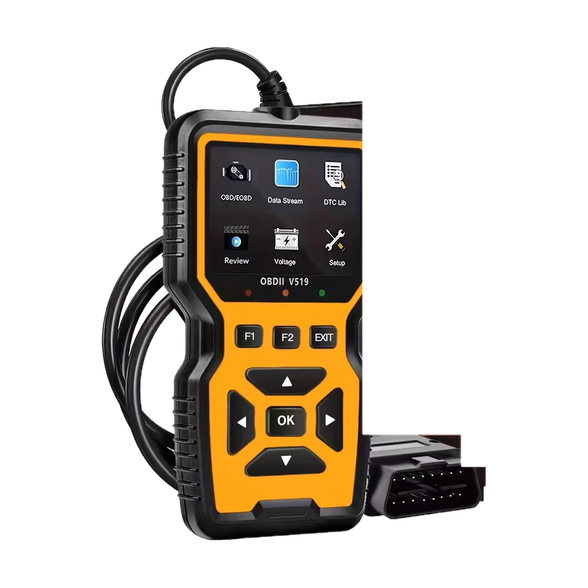 Orange OBD2 engine code reader with color screen, angled view, universal fit for BMW