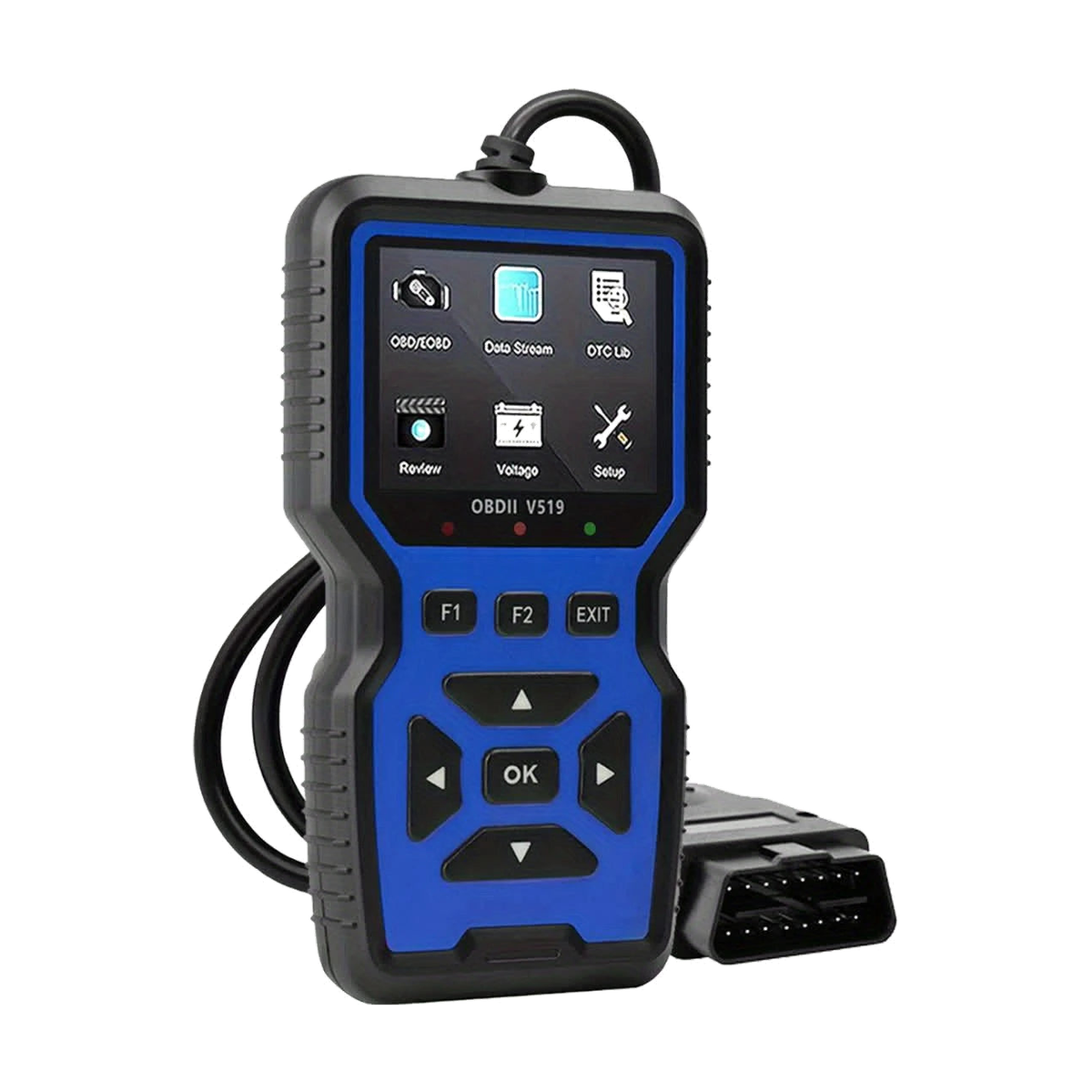 Blue OBD2 engine code reader with color screen, angled view, universal fit for BMW