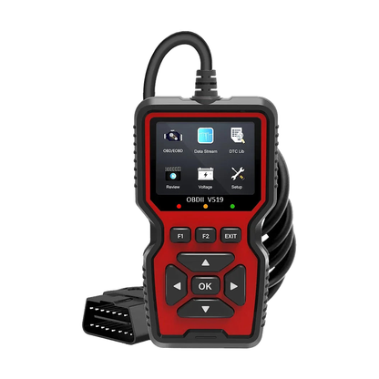 Red OBD2 engine code reader with color screen, angled view, universal fit for BMW