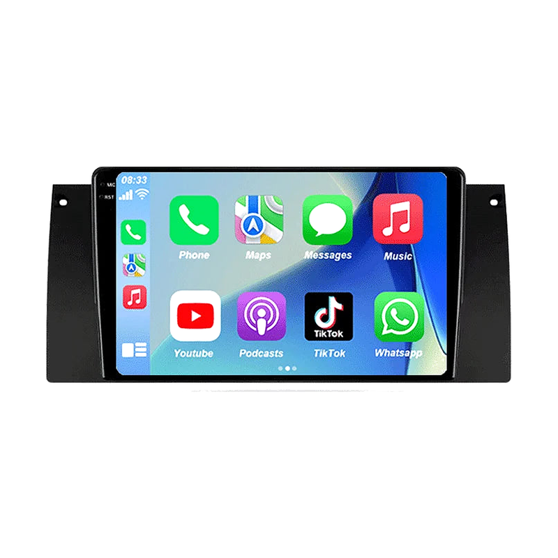 Android head unit with touchscreen showing Apple CarPlay apps, front view, for BMW 5 Series E39 / X5 E53