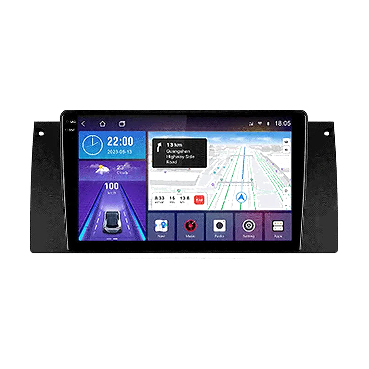 Android head unit showing dashboard with clock and navigation, front view, for BMW 5 Series E39 / X5 E53