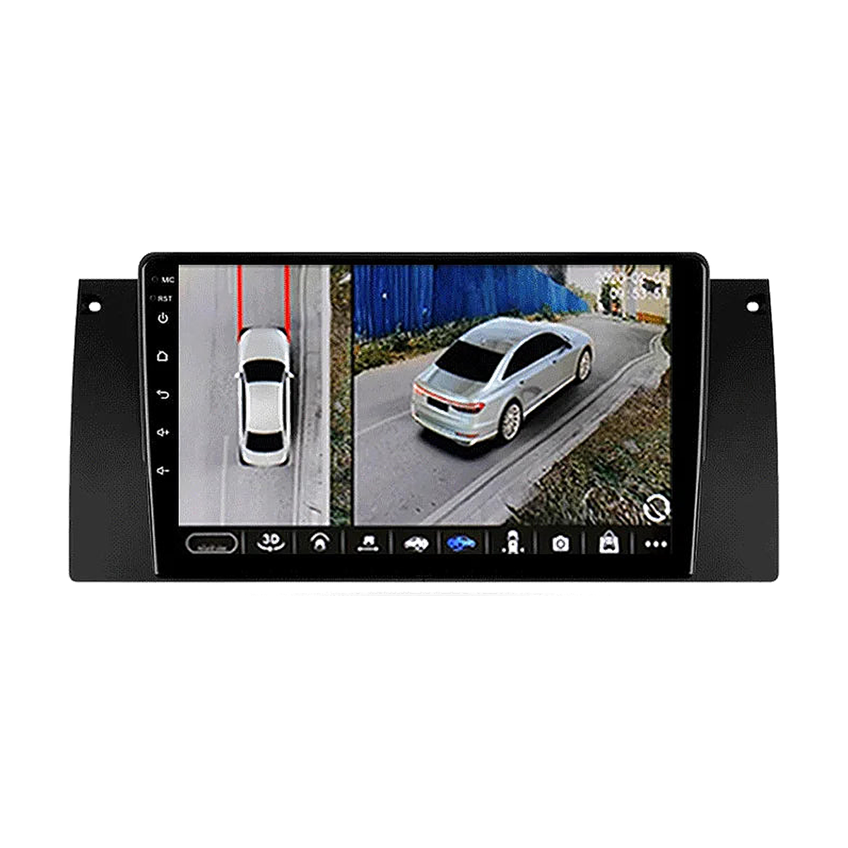 Android head unit showing 360 degree camera view, front view, for BMW 5 Series E39 / X5 E53