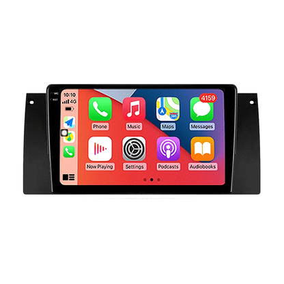 Android head unit showing CarPlay home screen on red wallpaper, front view, for BMW 5 Series E39 / X5 E53