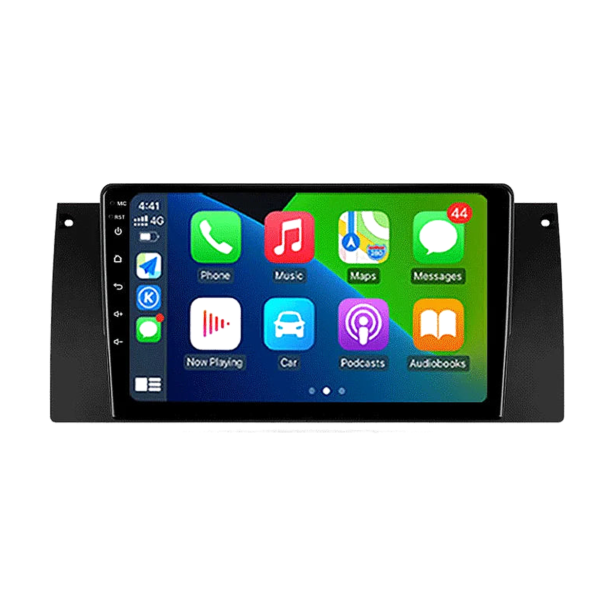Android head unit showing CarPlay home screen on green and blue wallpaper, front view, for BMW 5 Series E39 / X5 E53
