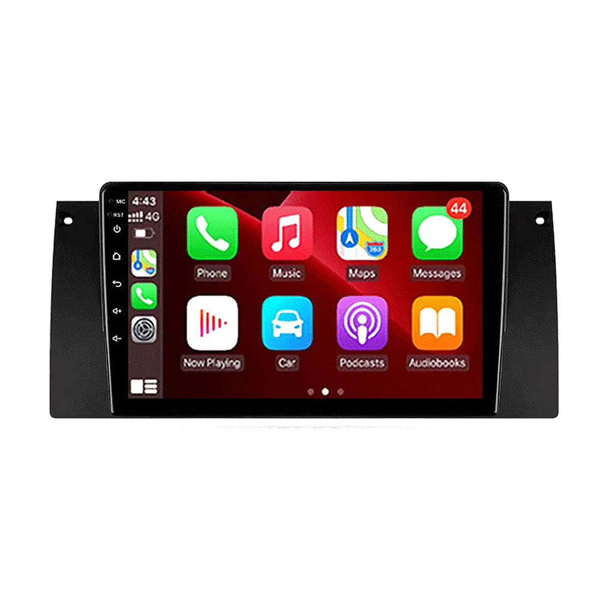 Android head unit showing CarPlay home screen on dark red wallpaper, front view, for BMW 5 Series E39 / X5 E53