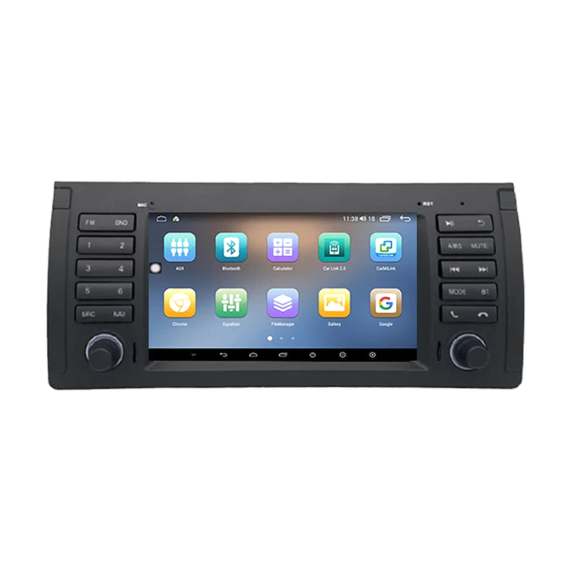 7 inch Android head unit showing the app home screen, black faceplate for BMW X5 E53, front view