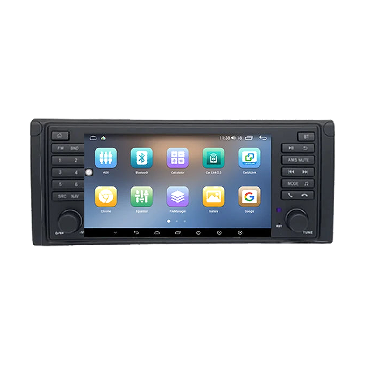 7 inch Android head unit showing the app home screen, black faceplate for BMW 5 Series E39, front view