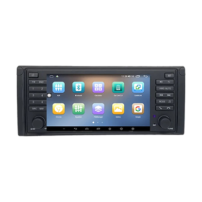 7 inch Android head unit showing the app home screen, black faceplate for BMW 5 Series E39, front view