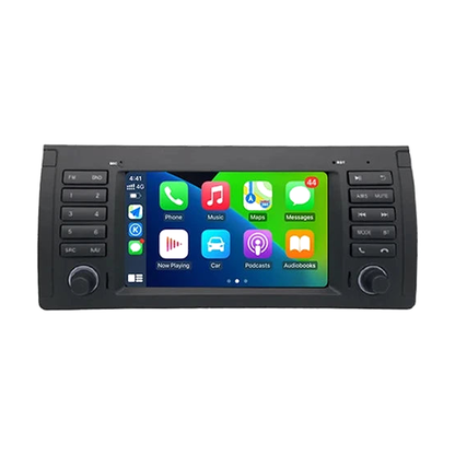 7 inch Android head unit running wireless CarPlay, black faceplate for BMW X5 E53, front view