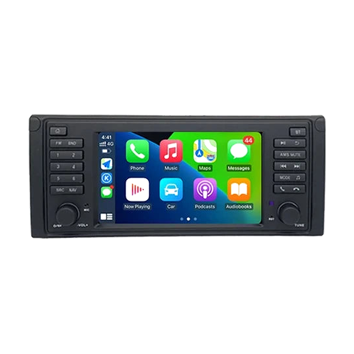 7 inch Android head unit running wireless CarPlay, black faceplate for BMW 5 Series E39, front view