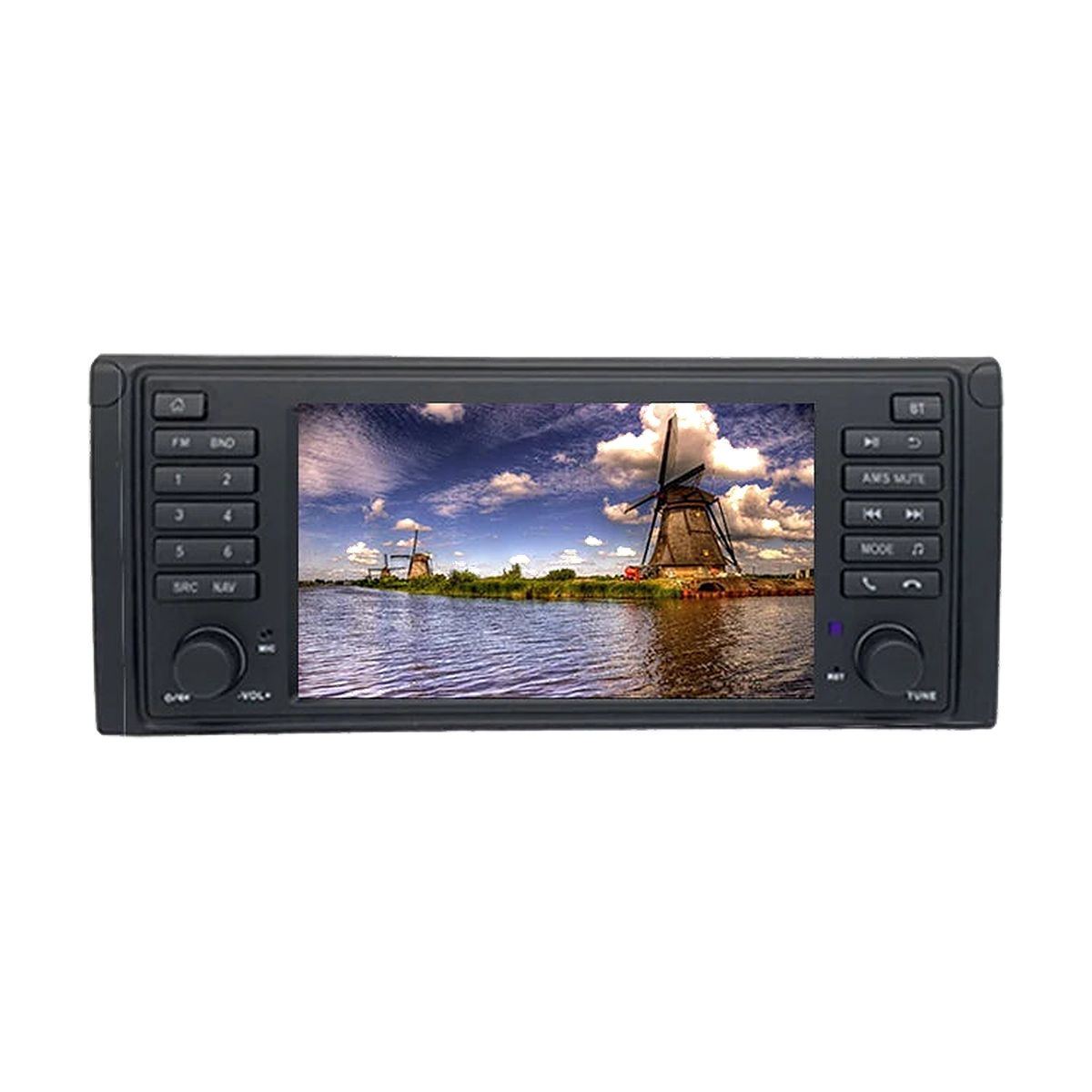 7 inch Android head unit with windmill wallpaper on screen, black faceplate for BMW 5 Series E39, front view