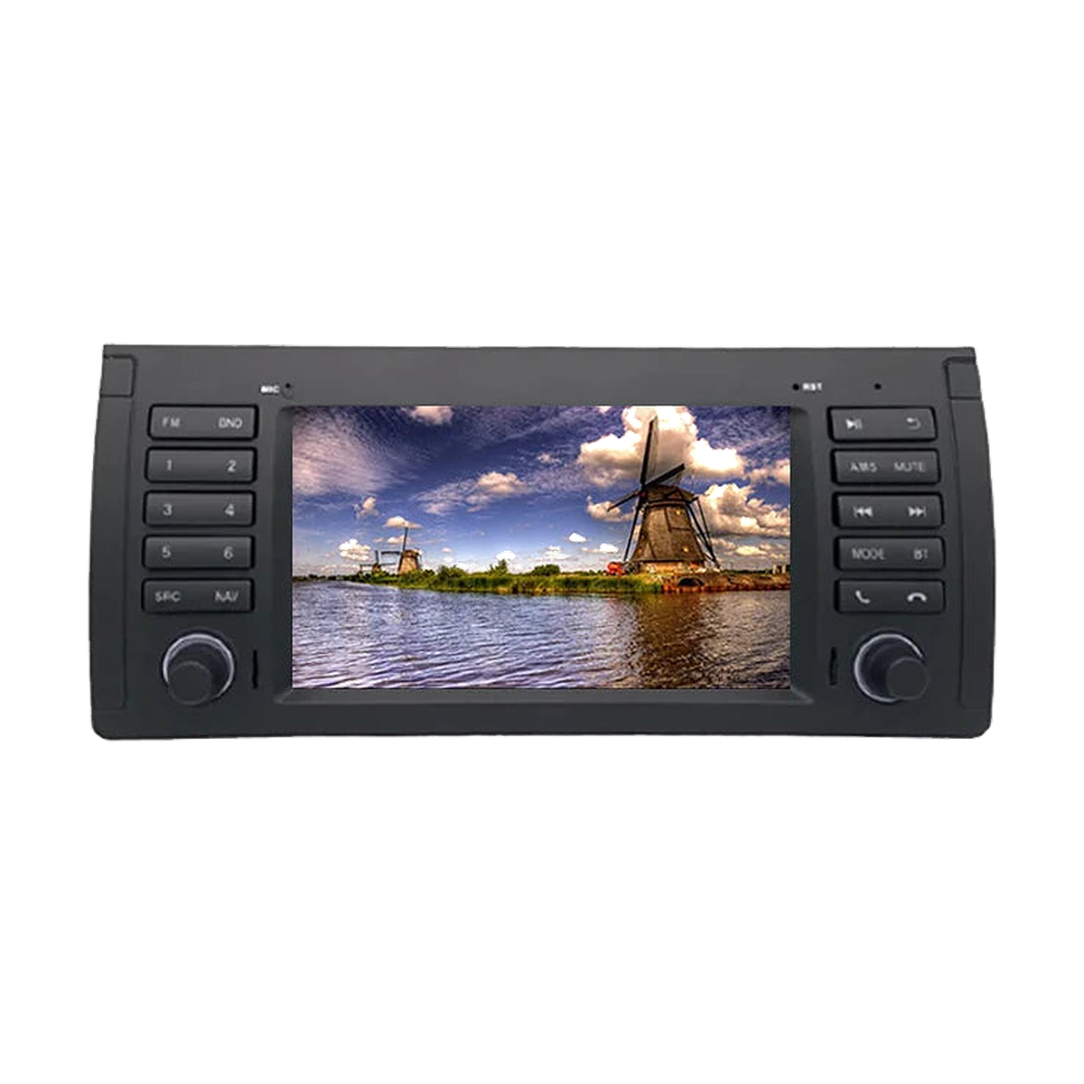 7 inch Android head unit with windmill wallpaper on screen, black faceplate for BMW X5 E53, front view
