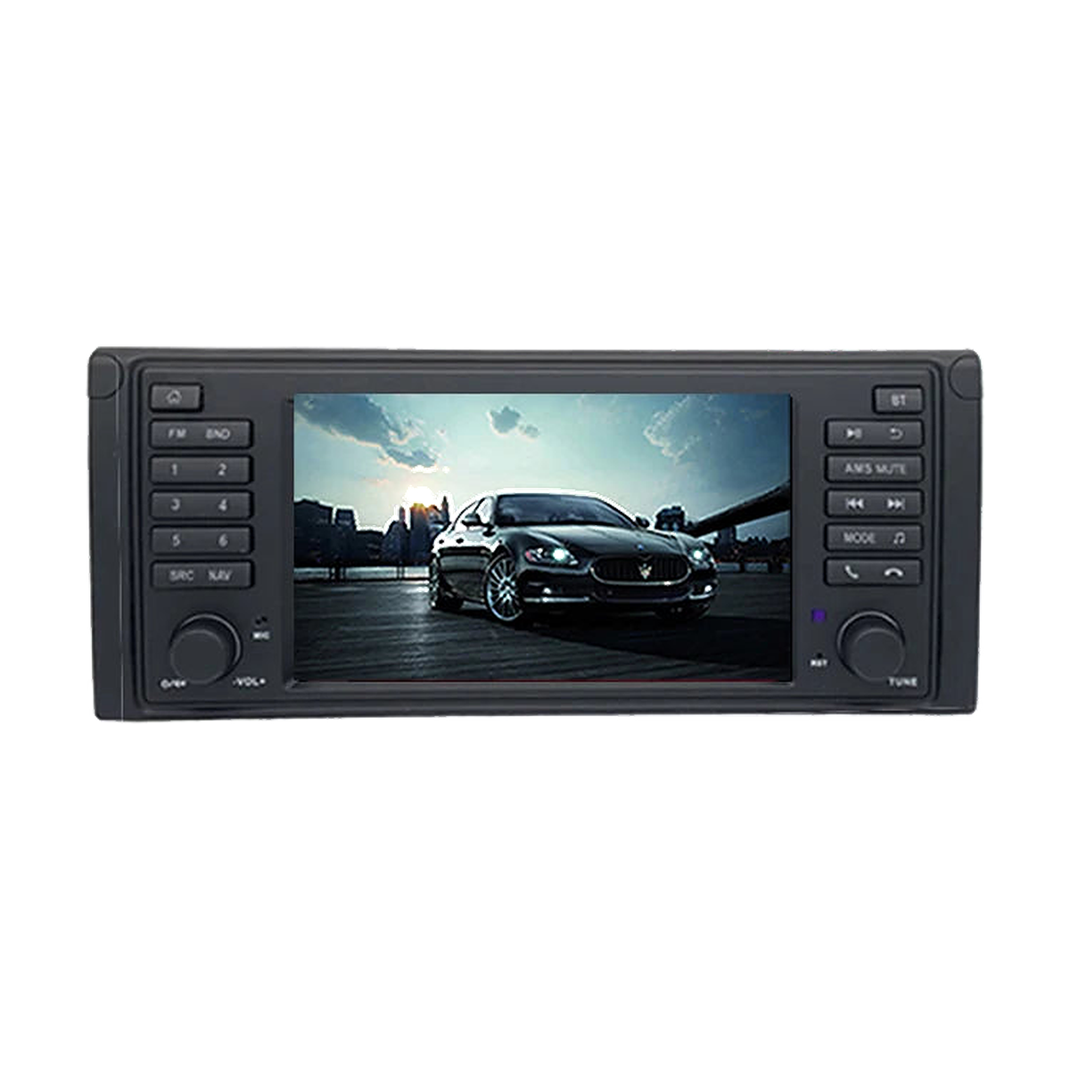 7 inch Android head unit with car wallpaper on screen, black faceplate for BMW 5 Series E39, front view