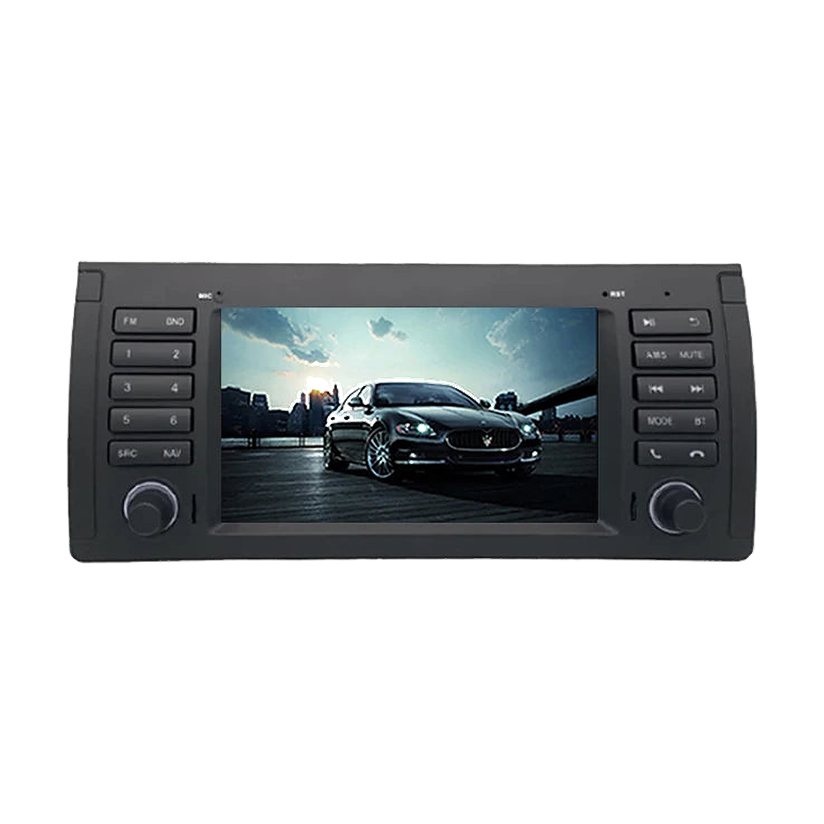 7 inch Android head unit with car wallpaper on screen, black faceplate for BMW X5 E53, front view